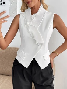 SHEIN Clasi Elegant Sleeveless Women's Shirt With White Ruffle Trim And V-Neck - White - View 6