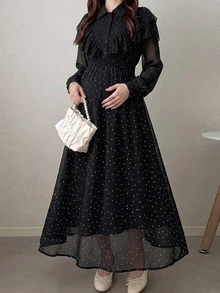 Dazy Maternity 圓點鬆傘裙襯衫洋裝，荷葉邊飾長袖休閒度假日常春秋冬孕婦洋裝 - 黑色 - 查看 3