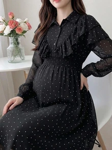 Dazy Maternity 圓點鬆傘裙襯衫洋裝，荷葉邊飾長袖休閒度假日常春秋冬孕婦洋裝 - 黑色 - 查看 5