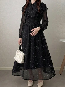 Dazy Maternity 圓點鬆傘裙襯衫洋裝，荷葉邊飾長袖休閒度假日常春秋冬孕婦洋裝 - 黑色 - 查看 6