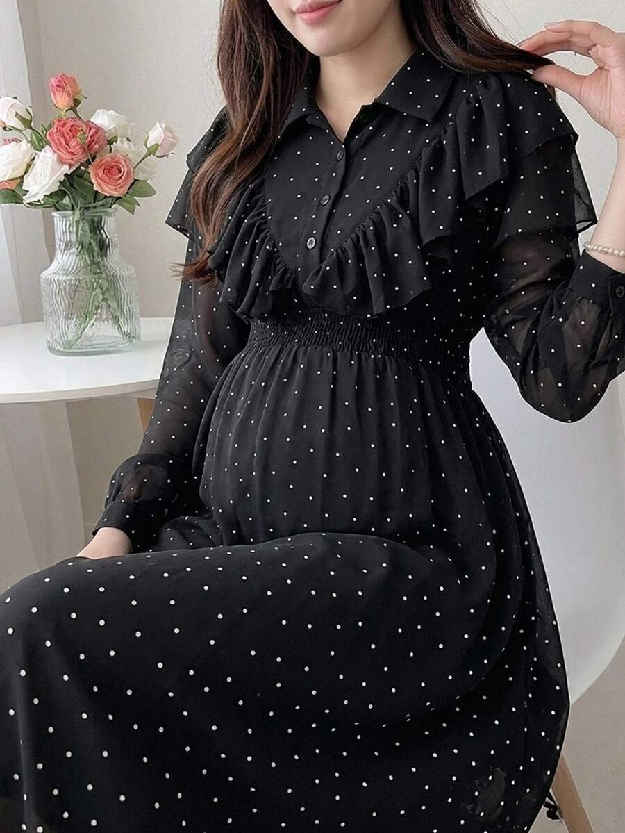 Dazy Maternity 圓點鬆傘裙襯衫洋裝,荷葉邊飾長袖休閒度假日常春秋冬孕婦洋裝 - 黑色 - 查看 1