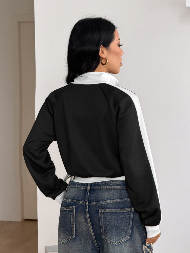 Coolane Women's Fall/Winter Streetwear Casual Basic Daily Wear Sportswear Homecoming Color-Blocked Banded Texture Decoration Graphics Black Fitted Jacket - Black and White - View 5