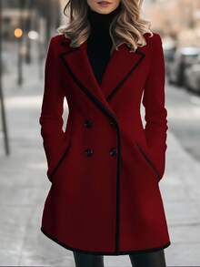 Editum Women's Piped Lapel Neck Long Sleeve Double-Breasted Elegant Overcoat - Multicolor - View 1