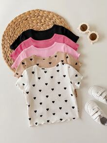 ​5 Random T-Shirt Of Solid Color Heart Pattern Knitted Casual T-Shirts For Baby Girls (Multiple Pieces) - Pink - View 4