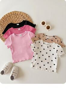 ​5 Random T-Shirt Of Solid Color Heart Pattern Knitted Casual T-Shirts For Baby Girls (Multiple Pieces) - Pink - View 5