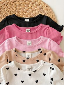 ​5 Random T-Shirt Of Solid Color Heart Pattern Knitted Casual T-Shirts For Baby Girls (Multiple Pieces) - Pink - View 7