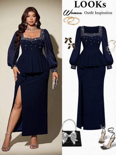 Viva Relle Gaun Wanita Ukuran Besar Berbahan Chiffon Transparan dengan Lengan, Hiasan Mutiara & Rhinestone, Belahan di Bagian Bawah, Gaya Romantis Elegan, Cocok untuk Kencan, Pesta, Pernikahan, dan Acara Lainnya