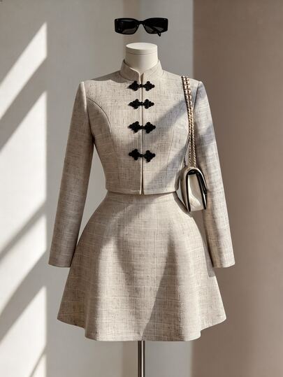 Fine & Folde Women's Elegant Exquisite Frog Button Long Sleeve Jacket & Skirt 2 Pieces Set For Daily Commute