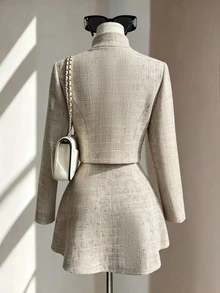 Fine & Folde Women's Elegant Exquisite Frog Button Long Sleeve Jacket & Skirt 2 Pieces Set For Daily Commute - Khaki - View 2