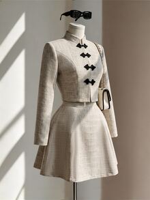 Fine & Folde Women's Elegant Exquisite Frog Button Long Sleeve Jacket & Skirt 2 Pieces Set For Daily Commute - Khaki - View 5