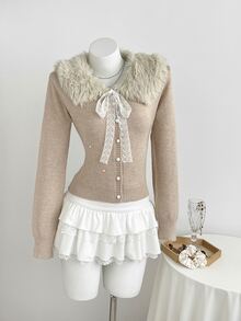 Elamini Women's Autumn/Winter Long Sleeve Fur Collar Sequin Fitted Knit Cardigan - Khaki - View 3