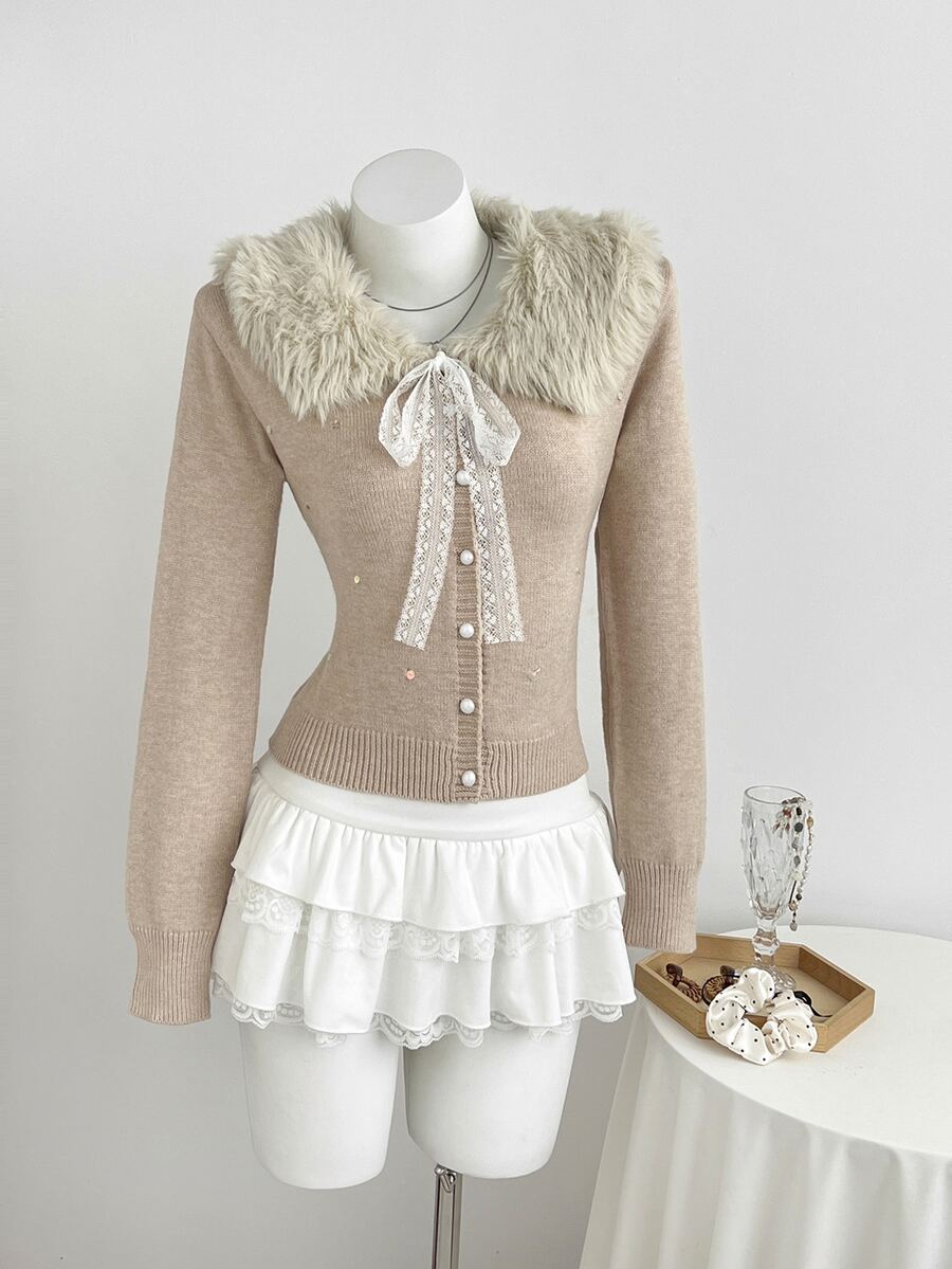 Elamini Cardigan Rajut Pas Badan Lengan Panjang Berkerah Bulu dan Berpayet untuk Wanita, Musim Gugur/Dingin - Khaki - View 1