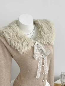 Elamini Women's Autumn/Winter Long Sleeve Fur Collar Sequin Fitted Knit Cardigan - Khaki - View 5