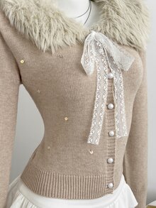 Elamini Women's Autumn/Winter Long Sleeve Fur Collar Sequin Fitted Knit Cardigan - Khaki - View 6