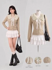 Elamini Women's Autumn/Winter Long Sleeve Fur Collar Sequin Fitted Knit Cardigan - Khaki - View 1