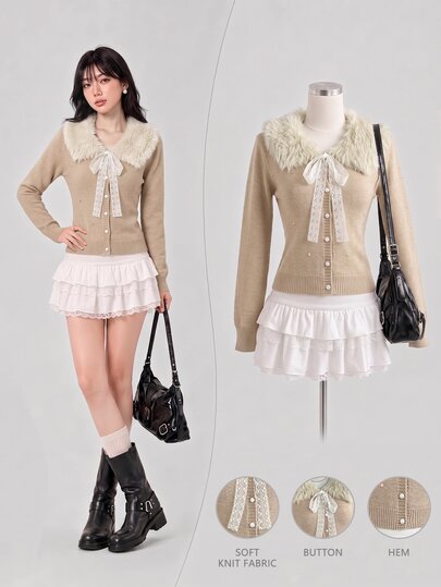 Elamini Women's Autumn/Winter Long Sleeve Fur Collar Sequin Fitted Knit Cardigan