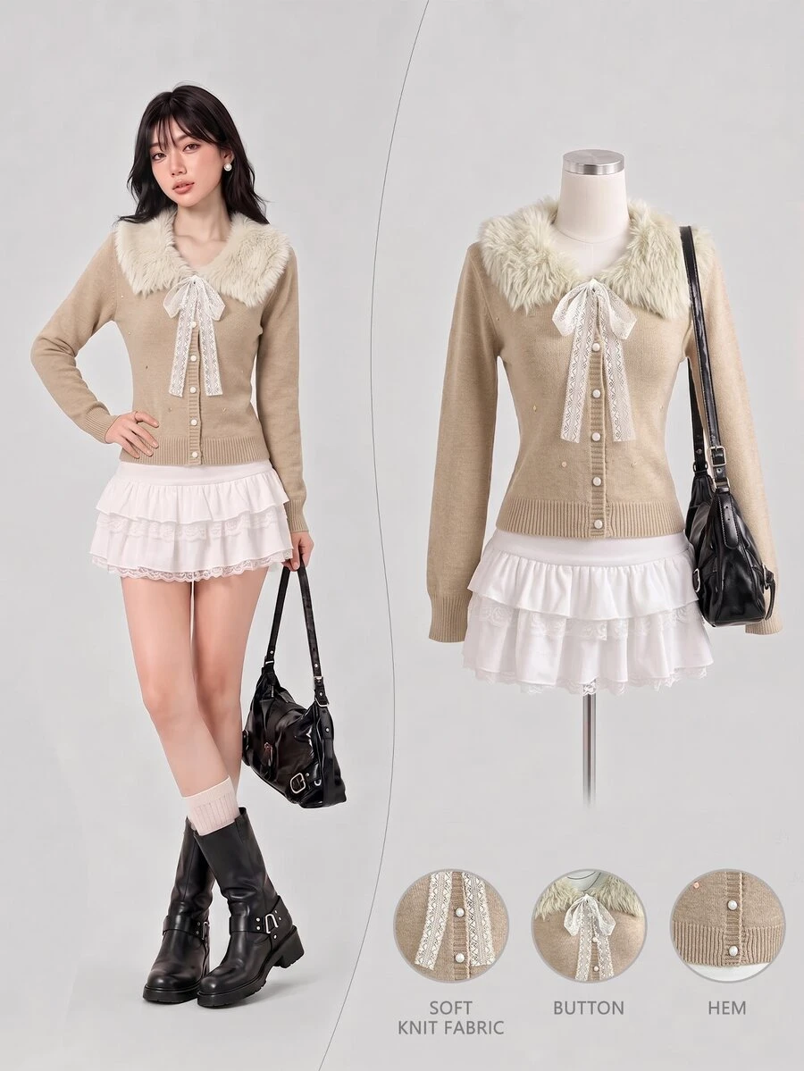 Elamini Women's Autumn/Winter Long Sleeve Fur Collar Sequin Fitted Knit Cardigan - Khaki - View 1