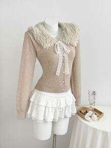 Elamini Women's Autumn/Winter Long Sleeve Fur Collar Sequin Fitted Knit Cardigan - Khaki - View 4