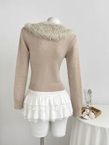 Elamini Women's Autumn/Winter Long Sleeve Fur Collar Sequin Fitted Knit Cardigan - Khaki - View 2