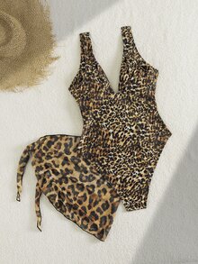 SHEIN Swim 夏季度假性感豹纹深V褶皱吊带连体泳衣，带网纱系带迷你裙 - 彩色 - 查看 6