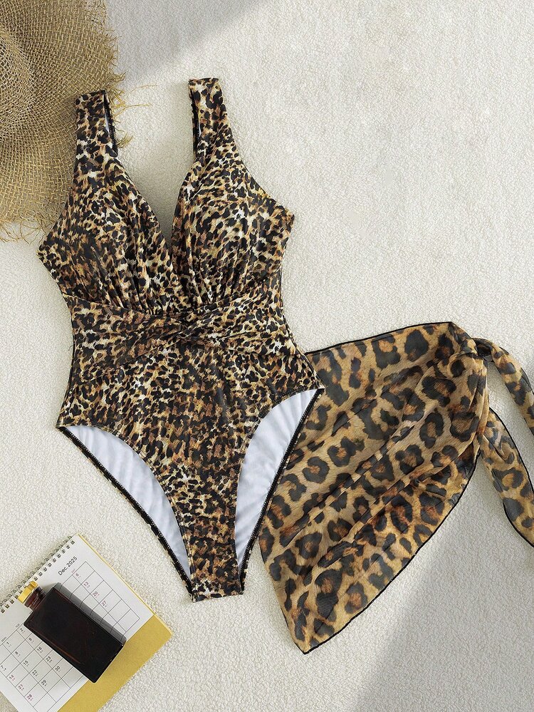 SHEIN Swim Bộ đồ bơi liền thân Tankini gợi cảm họa tiết da báo cổ chữ V xẻ sâu, xếp ly, dành cho nữ, kèm váy mini buộc dây bằng lưới, thích hợp cho kỳ nghỉ hè. - Nhiều màu - Xem 5