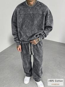 SLATEMANN Men's Solid Color Crew Neck Long Sleeve Sweatshirt And Pants Casual Daily Set - Black - View 1