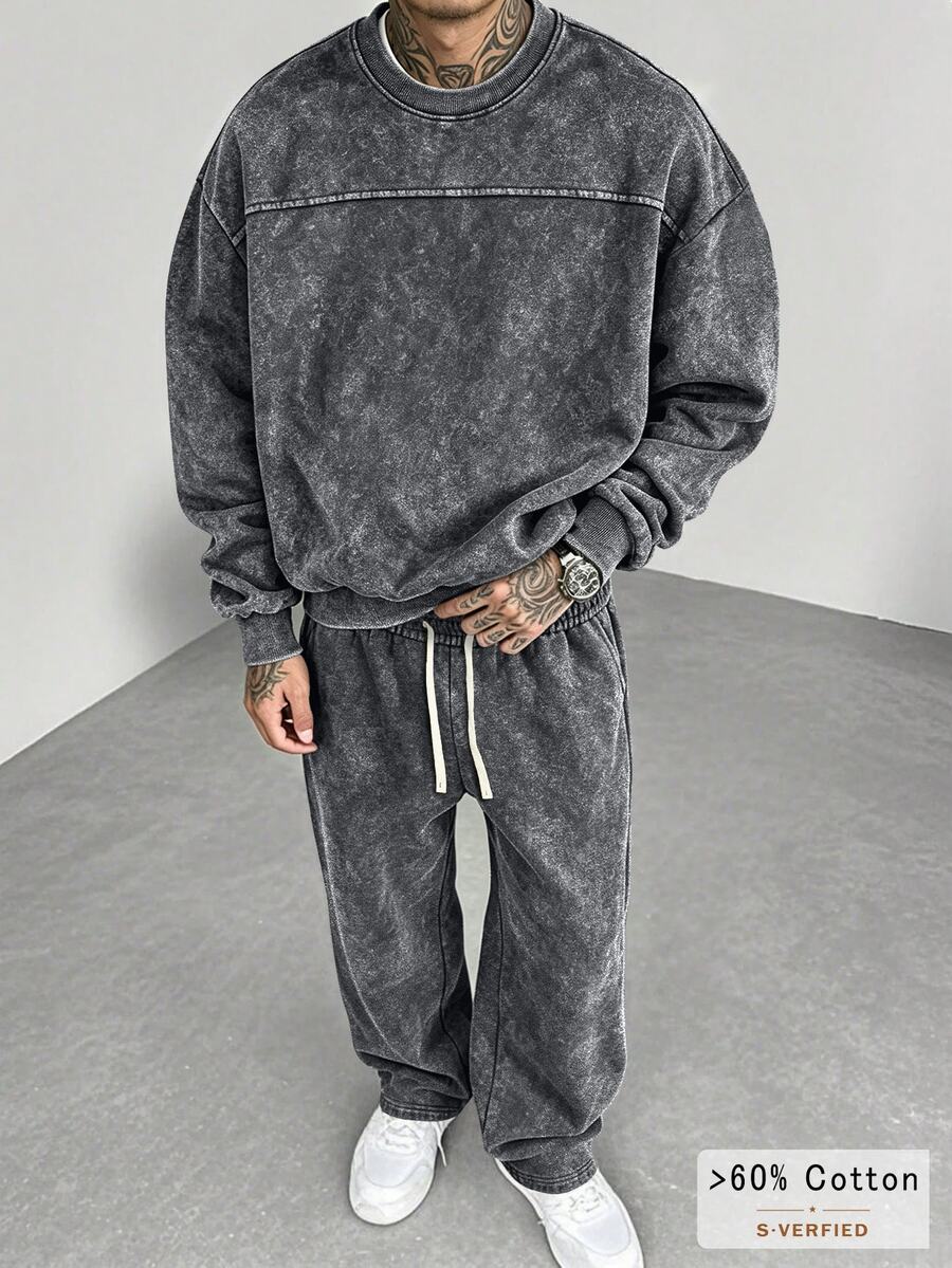 SLATEMANN Men's Solid Color Crew Neck Long Sleeve Sweatshirt And Pants Casual Daily Set - Black - View 1