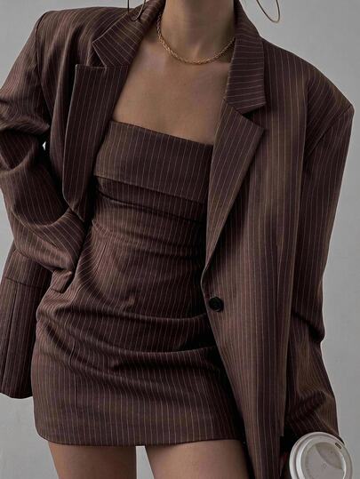 Aloruh Completo da donna elegante da ufficio e pendolarismo autunno/inverno, blazer a righe color caffè + mini abito, set da 2 pezzi, per uscite, ufficio, lavoro, autunno, insegnante, smart casual