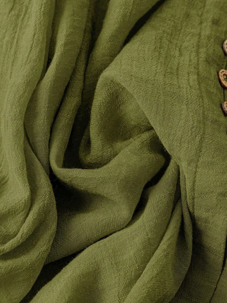 Linhara Plus Size Women V-Neck Lantern Sleeve Button Front Blouse Fall - Army Green - View 4
