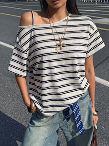 Coolane 女款秋季街頭風休閒時尚白色黑條紋寬鬆露肩不對稱側結垂墜T恤 - 彩色 - 查看 2