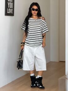 Coolane 女款秋季街頭風休閒時尚白色黑條紋寬鬆露肩不對稱側結垂墜T恤 - 彩色 - 查看 6