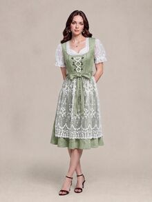 Fairmaia 傳統德式女款對比色蕾絲綁帶洋裝 - 綠色 - 查看 5