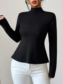 SHEIN Raffinéa ملابس علوية نسائي عصري بسيط للتنقل، توب بتصميم ضيق مع تطريز دانتيل، مناسب للارتداء في المكتب والعودة إلى المدرسة، خريف/شتاء - الأسود - مشاهدة 3