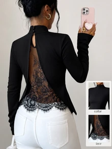 SHEIN Raffinéa ملابس علوية نسائي عصري بسيط للتنقل، توب بتصميم ضيق مع تطريز دانتيل، مناسب للارتداء في المكتب والعودة إلى المدرسة، خريف/شتاء - الأسود - مشاهدة 2