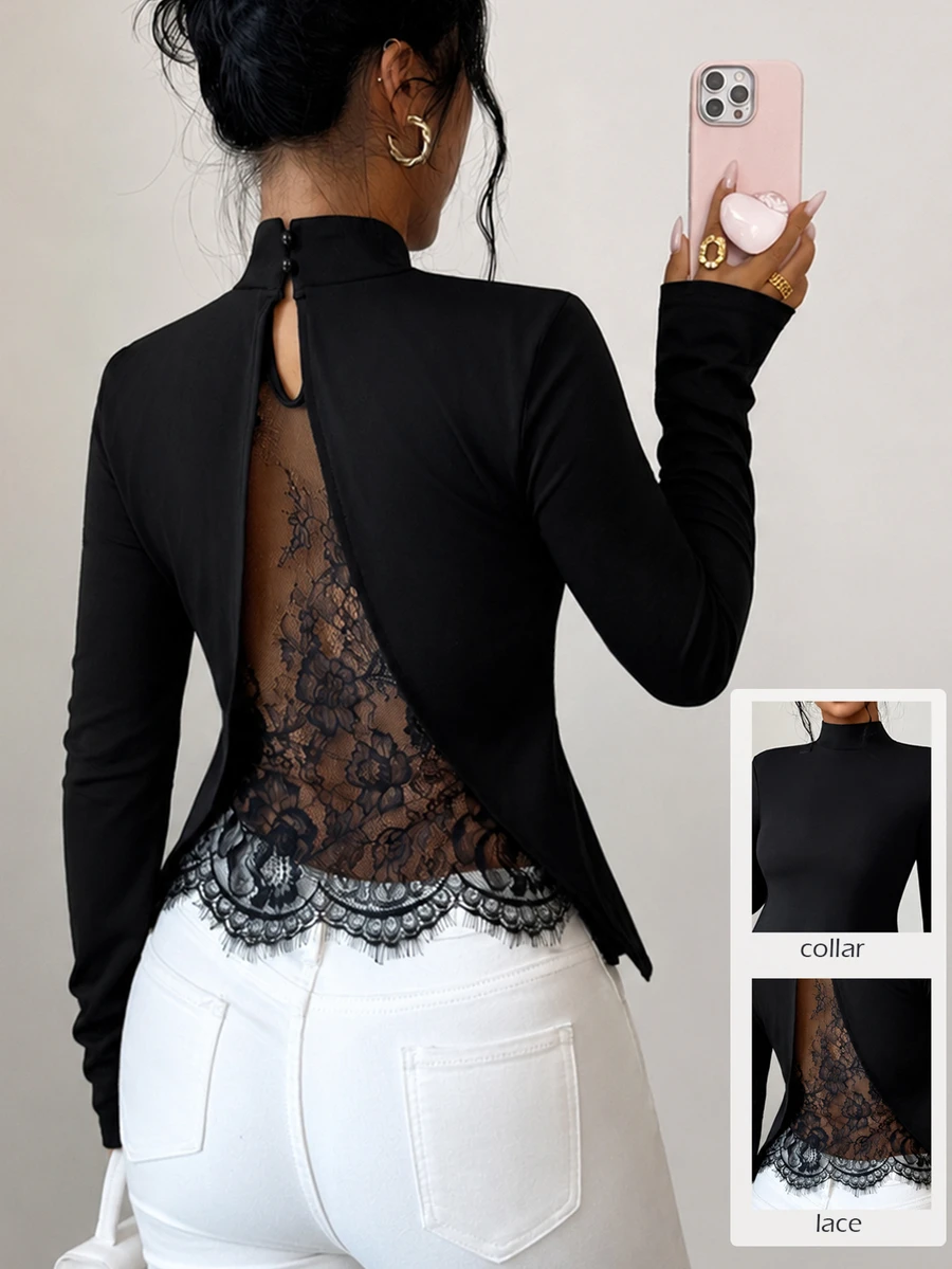 SHEIN Raffinéa ملابس علوية نسائي عصري بسيط للتنقل، توب بتصميم ضيق مع تطريز دانتيل، مناسب للارتداء في المكتب والعودة إلى المدرسة، خريف/شتاء