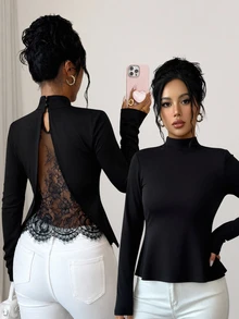 SHEIN Raffinéa ملابس علوية نسائي عصري بسيط للتنقل، توب بتصميم ضيق مع تطريز دانتيل، مناسب للارتداء في المكتب والعودة إلى المدرسة، خريف/شتاء - الأسود - مشاهدة 9