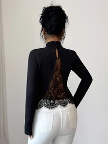 SHEIN Raffinéa ملابس علوية نسائي عصري بسيط للتنقل، توب بتصميم ضيق مع تطريز دانتيل، مناسب للارتداء في المكتب والعودة إلى المدرسة، خريف/شتاء - الأسود - مشاهدة 8