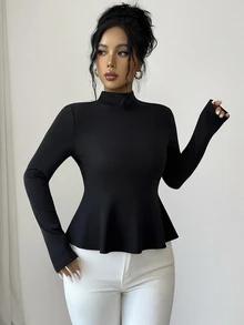 SHEIN Raffinéa ملابس علوية نسائي عصري بسيط للتنقل، توب بتصميم ضيق مع تطريز دانتيل، مناسب للارتداء في المكتب والعودة إلى المدرسة، خريف/شتاء - الأسود - مشاهدة 7