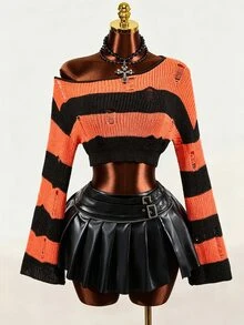 Mistrie Women's Autumn Fashion Contrast Color Striped Cropped Sweater - Orange - View 5