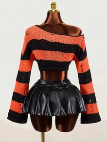 Mistrie Women's Autumn Fashion Contrast Color Striped Cropped Sweater - Orange - View 7