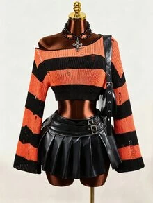 Mistrie Women's Autumn Fashion Contrast Color Striped Cropped Sweater - Orange - View 6