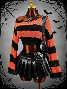 Mistrie Women's Autumn Fashion Contrast Color Striped Cropped Sweater - Orange - View 2
