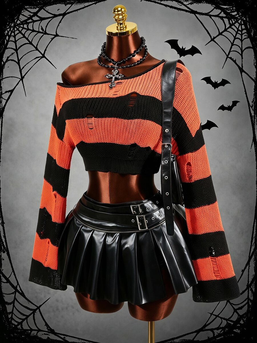 Mistrie Women's Autumn Fashion Contrast Color Striped Cropped Sweater