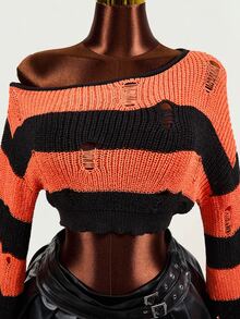 Mistrie Women's Autumn Fashion Contrast Color Striped Cropped Sweater - Orange - View 8