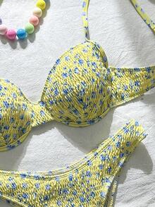 SHEIN Swim 碎花比基尼套装，适合海滩度假 - 淡黃色 - 查看 7