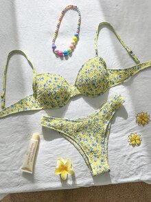 SHEIN Swim 碎花比基尼套装，适合海滩度假 - 淡黃色 - 查看 3