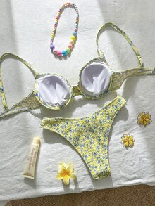 SHEIN Swim 碎花比基尼套装，适合海滩度假 - 淡黃色 - 查看 4