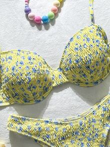 SHEIN Swim 碎花比基尼套装，适合海滩度假 - 淡黃色 - 查看 6