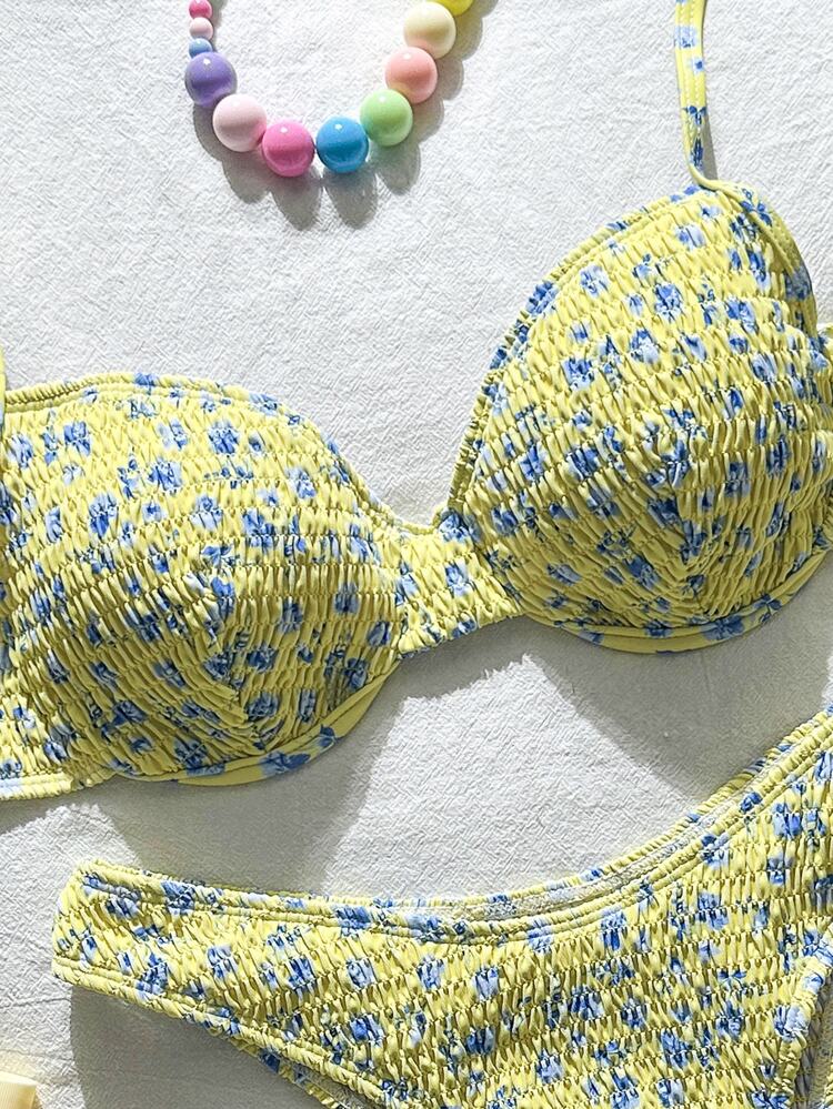 SHEIN Swim Ditsy Floral Bikini Set For Beach Vacation - Light Yellow - View 6