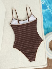 SHEIN Swim 夏季新款歐美風一件式三角性感高衩棕色紋理提花布料撞色細肩帶貝殼飾邊小胸聚攏雙肩帶性感一件式泳衣 女款女孩甜美清新顯瘦泳裝 適用溫泉海灘度假生日派對 - 棕色 - 查看 3